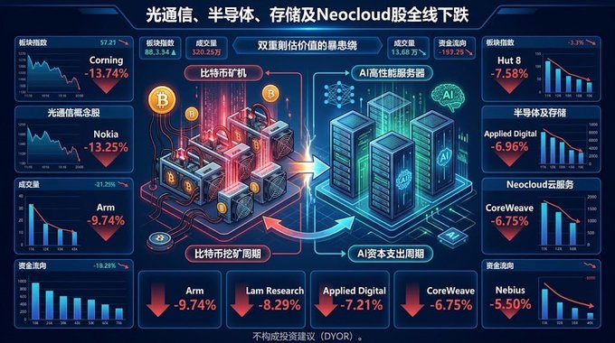 Financial infographic in Chinese showing declines across optical communication, semiconductors, storage, and Neocloud sectors, featuring stock tickers like Corning (-13.74%), Nokia (-13.25%), Arm (-9.74%), Hut 8 (-7.58%), Applied Digital (-6.96%), and CoreWeave (-6.75%).