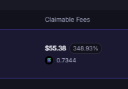 The image shows a "Claimable Fees" panel displaying **$55.38** earned with a 348.93% return, alongside a token amount of 0.7344. This relates to the post about Meteora liquidity providing (LPing), illustrating the kind of fees users can accumulate from providing liquidity on the platform.