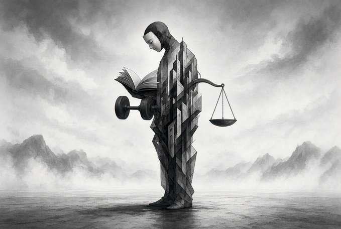 A surreal grayscale illustration of a figure composed of geometric blocks holding an open book, a dumbbell, and the scales of justice, standing on a reflective surface beneath cloudy skies.