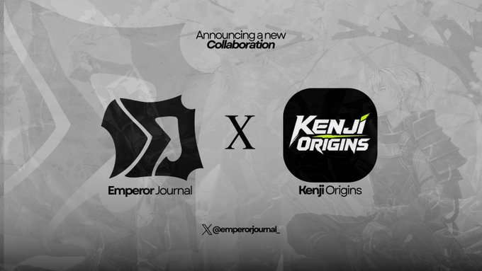 A gray-toned collaboration announcement graphic featuring "Announcing a new Collaboration" at the top, with the Emperor Journal logo on the left and the Kenji Origins logo on the right separated by an "X," and tagged with "@emperorjournal_" at the bottom—promoting the partnership described in the post.