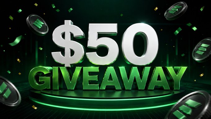 A bold promotional graphic displays "$50 GIVEAWAY" in large silver and green 3D text on a circular stage, surrounded by floating green coins and confetti against a dark background. The image visually reinforces the $50 USDT giveaway prize for the ClickOptions Demo Trading Competition.