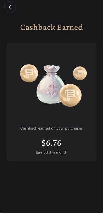 A dark-themed mobile app screen titled 'Cashback Earned' shows a money bag with Pi cryptocurrency coins, displaying '$6.76 Earned this month.'
