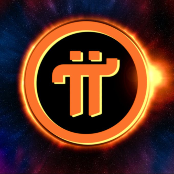 A glowing orange Pi (π) cryptocurrency coin logo set against a cosmic starry background with lens flare effects.