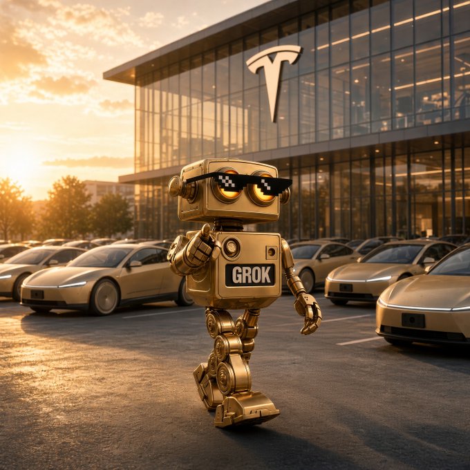 A gold robotic figure with pixelated sunglasses and a chest plate labeled 'GROK' stands in front of a Tesla dealership with the Tesla logo and several parked cars.