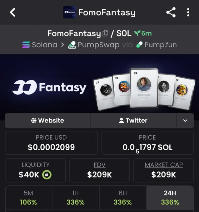 Cryptocurrency tracking app showing the 'FomoFantasy' token on the Solana blockchain, priced at $0.0002099, with a 336% gain in 24H.
