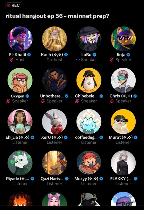 A dark-themed app screenshot for 'ritual hangout ep 56 - mainnet prep?' showing a grid of profile avatars categorized as Host (El-Khalil), Co-host (Kash), Speakers, and Listeners, with a red 'REC' indicator in the top left.