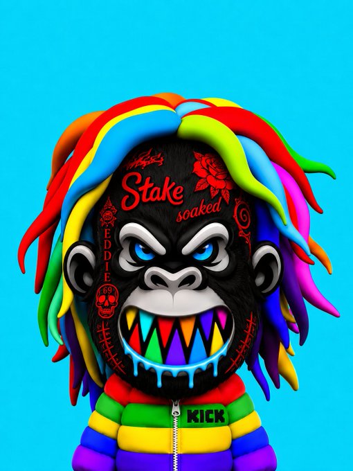 A cartoon gorilla with rainbow dreadlocks and glowing colorful fangs wears a "KICK" puffer jacket, with "Stake soaked" and "EDDIE" tattooed on its forehead against a bright blue background. The vibrant, edgy mascot imagery aligns with the promotional post advertising a $4,300 cashout giveaway exclusively on Stake.