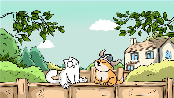 A cartoon cat sits on a wooden fence beside an orange dog wearing a Viking helmet, with a house and trees in the background. The image illustrates the "Simons Cat" meme theme referenced in the post celebrating the $Simonscat token's 45% price surge alongside mentions of $FLOKI and altseason hype.