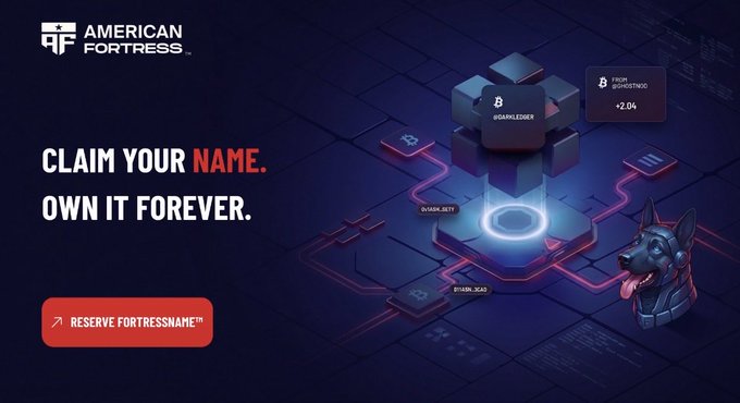 An advertisement for American Fortress with the slogan "CLAIM YOUR NAME. OWN IT FOREVER" and a "RESERVE FORTRESSNAME™" button, featuring a robotic dog mascot and crypto-themed graphics.