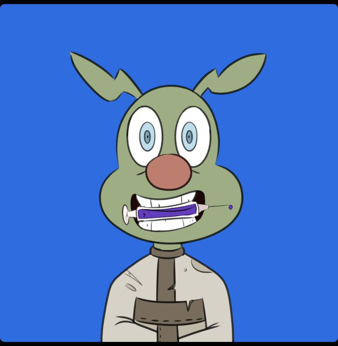 A cartoon image of a green insect-like character with large eyes and antennae, wearing a tattered shirt, with a syringe in its mouth against a blue background.