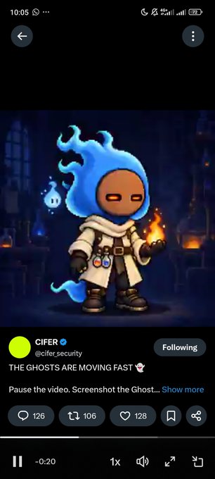 A Twitter/X post from verified user @cifer.security reads "THE GHOSTS ARE MOVING FAST," accompanied by a digital illustration of a flame-headed hooded character holding fire, with a small ghost floating nearby, used to promote a giveaway campaign where users pause the video, screenshot a ghost, and reply with their wallet address.