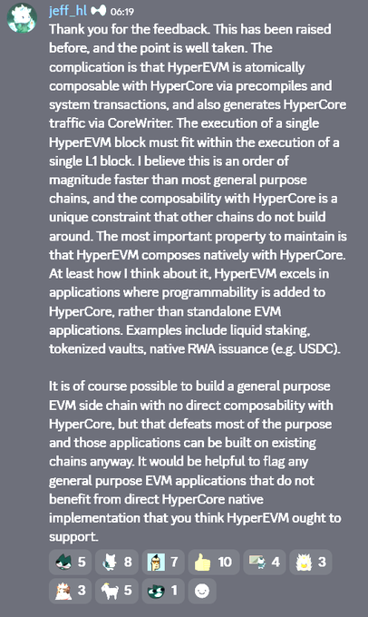 In the image description provided above, there's an email from Jeff explaining that he thinks someone has done a great job with HyperEVM. The person involved wrote an excellent implementation of HyperCore and used HyperEVM for efficient storage and management of assets. The email also includes a list of five different symbols used in the code: an arrow pointing up to a head, a heart symbol to show appreciation or liking, and a thumbs-up sign denoting satisfaction with their work. This highlights the positive feedback and the successful execution of HyperEVM.