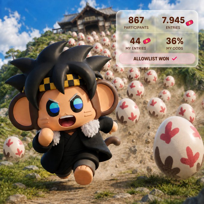 A 3D-rendered monkey character with spiky black hair and a checkered headband runs past spotted eggs, with an overlay showing '867 PARTICIPANTS', '7,945 ENTRIES', '44 MY ENTRIES', '36% MY ODDS', and 'ALLOWLIST WON'.