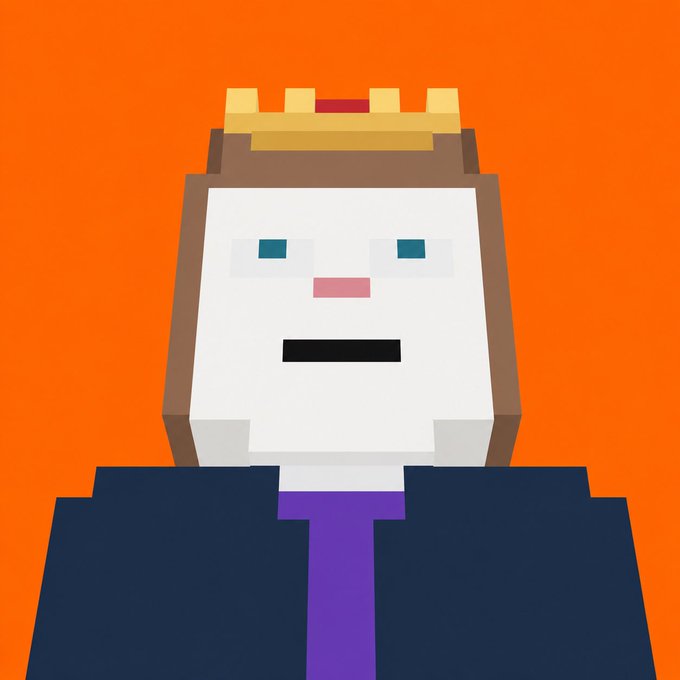A pixel art illustration of a character with a white face, blue eyes, brown hair, a small crown, and a dark suit with a purple tie, set against an orange background.