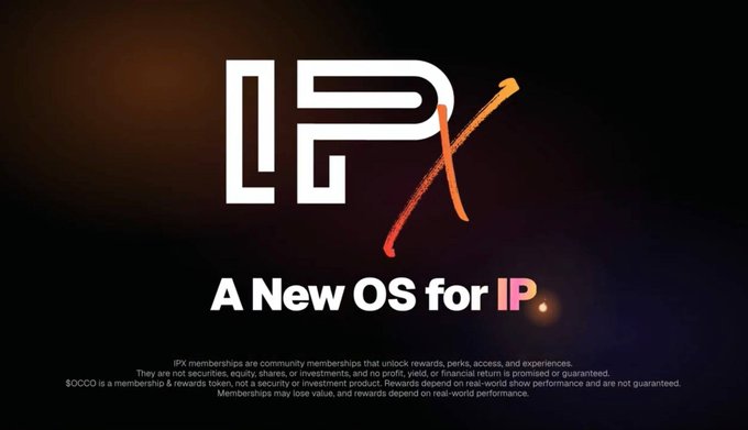 A promotional graphic for IPX featuring the text 'A New OS for IP' with an orange X mark crossing through the logo and disclaimers about memberships not being securities or investment products.