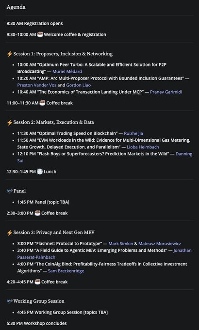 The image displays the agenda for the Flashbots MEV-SBC Workshop, featuring talks from Muriel Médard ("Optimun Peer Turbo") at 10:10 AM in Session 1 and Sam Breckenridge ("The CoinAge Bind") at 4:00 PM in Session 3, alongside other presentations on MEV, trading, and privacy topics. The agenda confirms the workshop details mentioned in the post, though Moritz Grundei's name does not appear to be listed among the visible speakers.