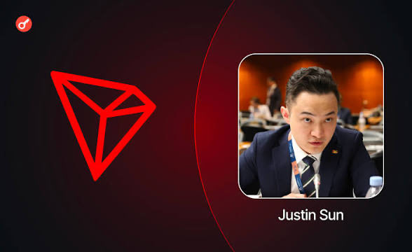 A graphic showing a red triangular Tron logo on the left and a photo of a man labeled 'Justin Sun' in a dark suit on the right.