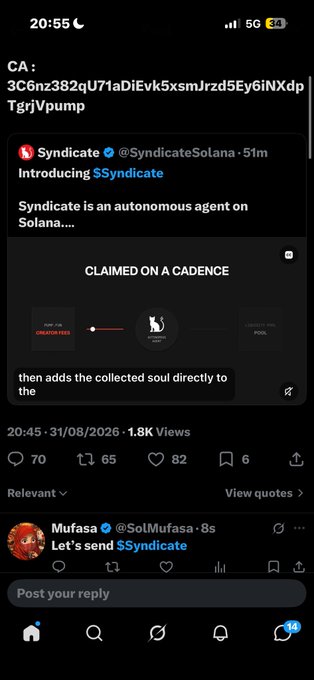A screenshot of an X/Twitter post from Syndicate (@SyndicateSolana) announcing "Introducing $Syndicate," an autonomous agent on Solana, displayed above a reply from Mufasa (@SolMufasa) saying "Let's send $Syndicate." The accompanying post thanks with a Solana contract address "BakyXRTtW2cdivHrqoENQhSfaMjGLRgDudV8QSBGcKNf," suggesting the user is sharing a token contract related to the $Syndicate agent discussed in the thread.