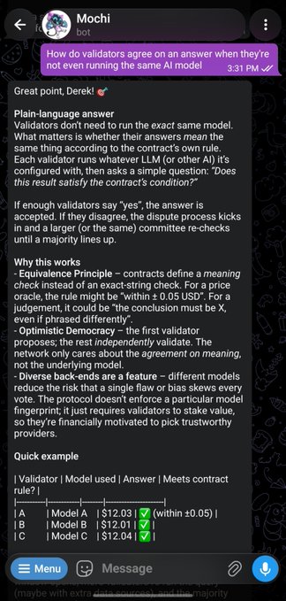A Telegram chat screenshot shows a bot named 'Mochi' answering a question about validators and AI models with a detailed plain-language explanation including a validator table example.