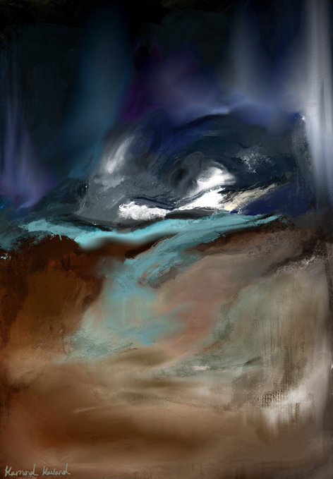 An abstract digital painting featuring swirling forms in dark blues, silvers, and earthy browns, signed 'Karma Kaland' in the bottom left corner.