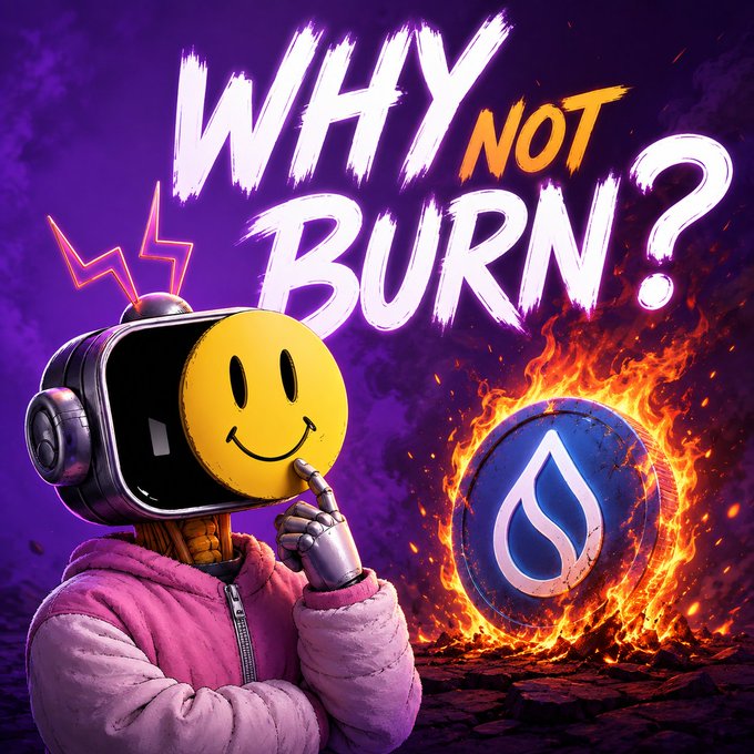 A promotional graphic with the text 'WHY NOT BURN?' featuring a robot wearing a pink puffy jacket and a yellow smiley face mask, pointing at a burning Sui logo coin.