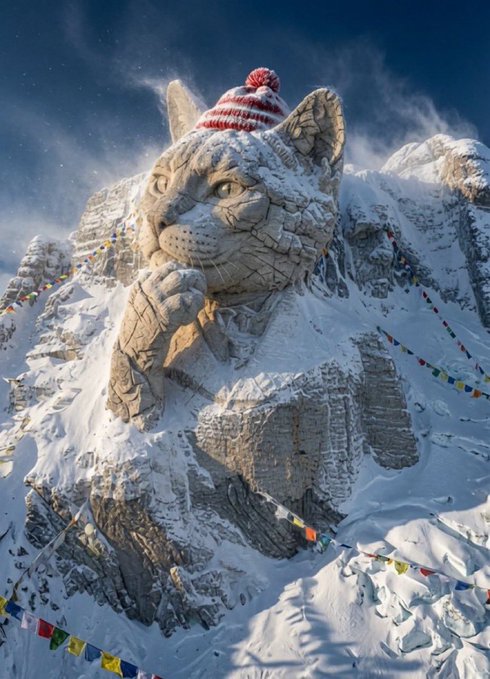 A fantastical digital artwork of a giant stone cat statue carved into a snowy mountain wearing a red and white striped knit beanie, with colorful prayer flags draped around the peaks.