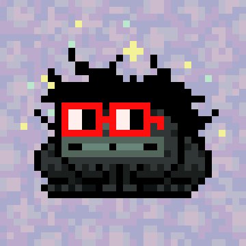 A pixel art character with black hair and red glasses smiles on a purple patterned background.
