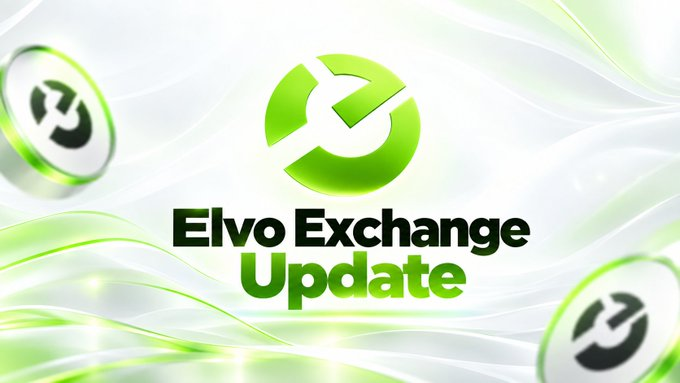 A promotional graphic for 'Elvo Exchange Update' featuring a green circular logo with arrows forming a refresh/exchange icon. The design uses flowing white wavy lines on a green and white background with floating coin graphics.