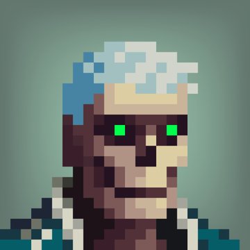 A pixel art portrait of a character with blue and white hair, green eyes, and a brown face against a teal background.