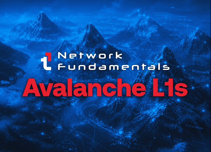The image displays a blue-tinted digital landscape of mountain peaks overlaid with network data visualizations, featuring the bold text "Network Fundamentals" and "Avalanche L1s" with a stylized "L1" logo. It visually reinforces the post's message by symbolizing Avalanche L1s as distinct, customizable peaks rising above a connected network—representing how each L1 operates as its own sovereign blockchain ecosystem while remaining part of the broader Avalanche network.