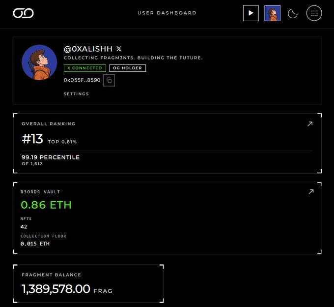 A user dashboard for user @0XALISHX showing "COLLECTING FRAGMNTS, BUILDING THE FUTURE" with an overall ranking of #13 (Top 0.81%, 99.19 percentile), 0.86 ETH in R3ORDR vault, 42 NFTs, and a fragment balance of 1,389,578.00 FRAG.