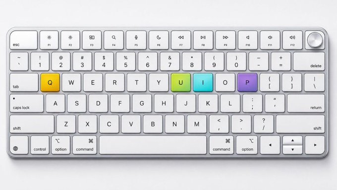 The image features a white keyboard with colorful keys, including letters of the alphabet, numbers, and symbols such as "q", "w", and "e". The keyboard appears to be designed for use with a Mac computer, which has a unique layout compared to other keyboards. The focus on this specific aspect of the keyboard highlights its versatility and adaptability to different operating systems or devices.