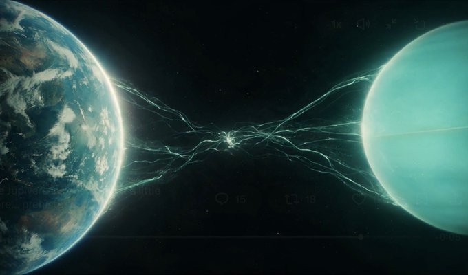 A cosmic digital illustration showing Earth on the left and a turquoise planet on the right connected by glowing energy tendrils in space, with faint UI overlays including '15' and '19'.