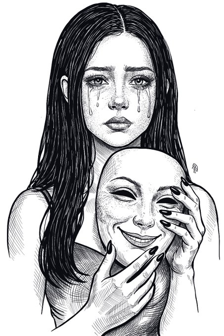 A black and white illustration of a young woman with tears streaming down her face, holding a smiling theatrical mask.