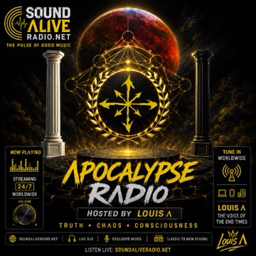 A promotional graphic for "SOUND ALIVE RADIO.NET" features "APOCALYPSE RADIO HOSTED BY LOUIS A" with the tagline "TRUTH • CHAOS • CONSCIOUSNESS" against a dark, mystical background.