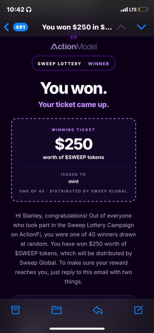 An email screenshot from ActionModel announcing a '$250' win in the 'Sweep Lottery' campaign, issued to user 'mint' as one of 40 winners, with instructions to reply for verification.