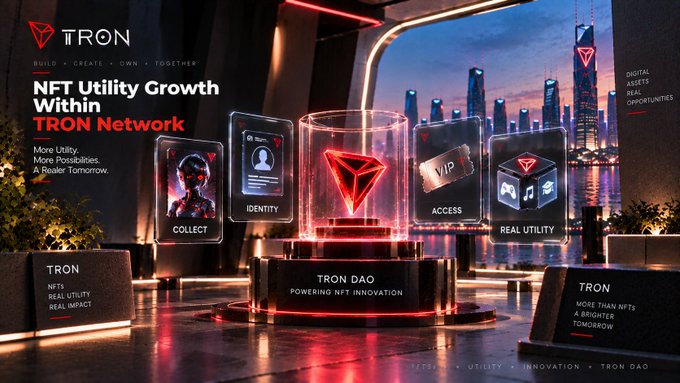 A promotional graphic for TRON highlighting 'NFT Utility Growth Within TRON Network,' featuring digital elements like 'Collect,' 'Identity,' 'Access,' and 'Real Utility' against a neon cityscape.