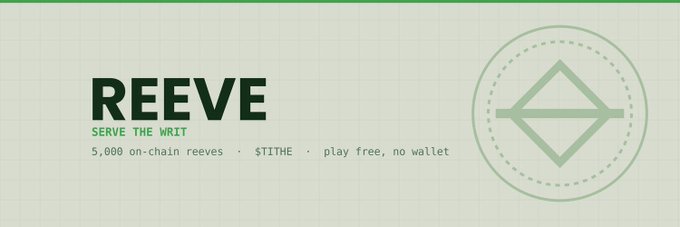 Image 9: A banner advertisement for 'REEVE' with the tagline 'SERVE THE WR1T', advertising 5,000 on-chain reeves and $TITHE with 'play free, no wallet' text alongside a green diamond logo.