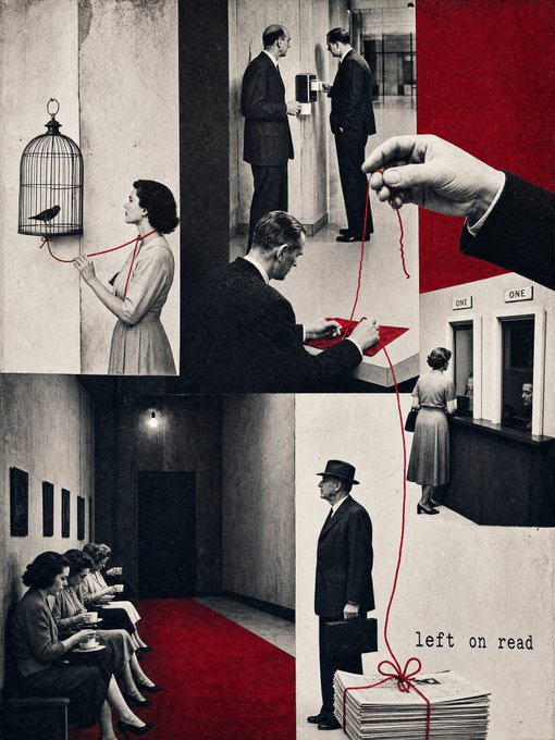 A surreal collage of vintage black-and-white photographs connected by red string, featuring people, a birdcage, and the text 'left on read'.