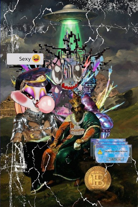 A chaotic digital collage featuring a UFO, Wario, a crowned king, pixelated Mickey Mouse, a Windows error dialog, a Bitcoin, and a 'Sexy 😋' text bubble.