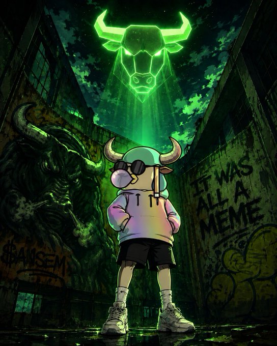 An illustration of a cartoon bull character wearing a horned helmet and hoodie, standing in a graffiti-covered alley beneath a glowing green bull logo in the sky, with text reading 'IT WAS ALL A MEME' and '$AMSEM'.