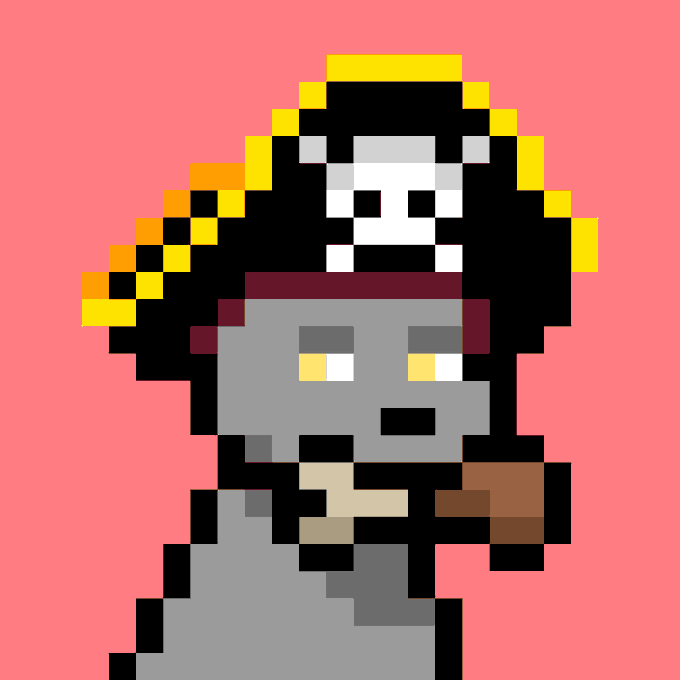 A pixel art character with grey skin, wearing a red bandana and a yellow and black pirate hat, smoking a brown pipe against a red background.