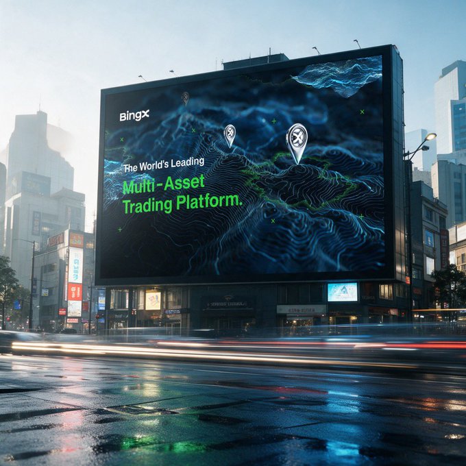 A massive digital billboard in a rain-slick cityscape advertises "BingX - The World's Leading Multi-Asset Trading Platform," visually reinforcing the post's point about how multi-asset platforms provide broader market context beyond just crypto. The glowing green text against the dark, topographic-style background emphasizes the platform's expansive coverage across various financial instruments.