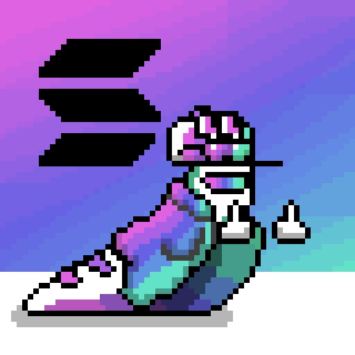 A pixel art image features a colorful sneaker beside a hamburger menu icon, set against a gradient purple and blue background. The post playfully references crypto slang, comparing being "poor" to dismissing a blockchain project as a "poor chain," with the retro aesthetic adding ironic charm to the self-deprecating humor.