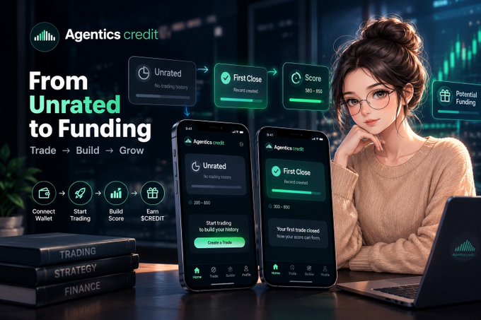 Promotional graphic for Agentics credit showing the progression 'Unrated → First Close → Score → Potential Funding' with two phone mockups displaying the app interface and the tagline 'From Unrated to Funding'.