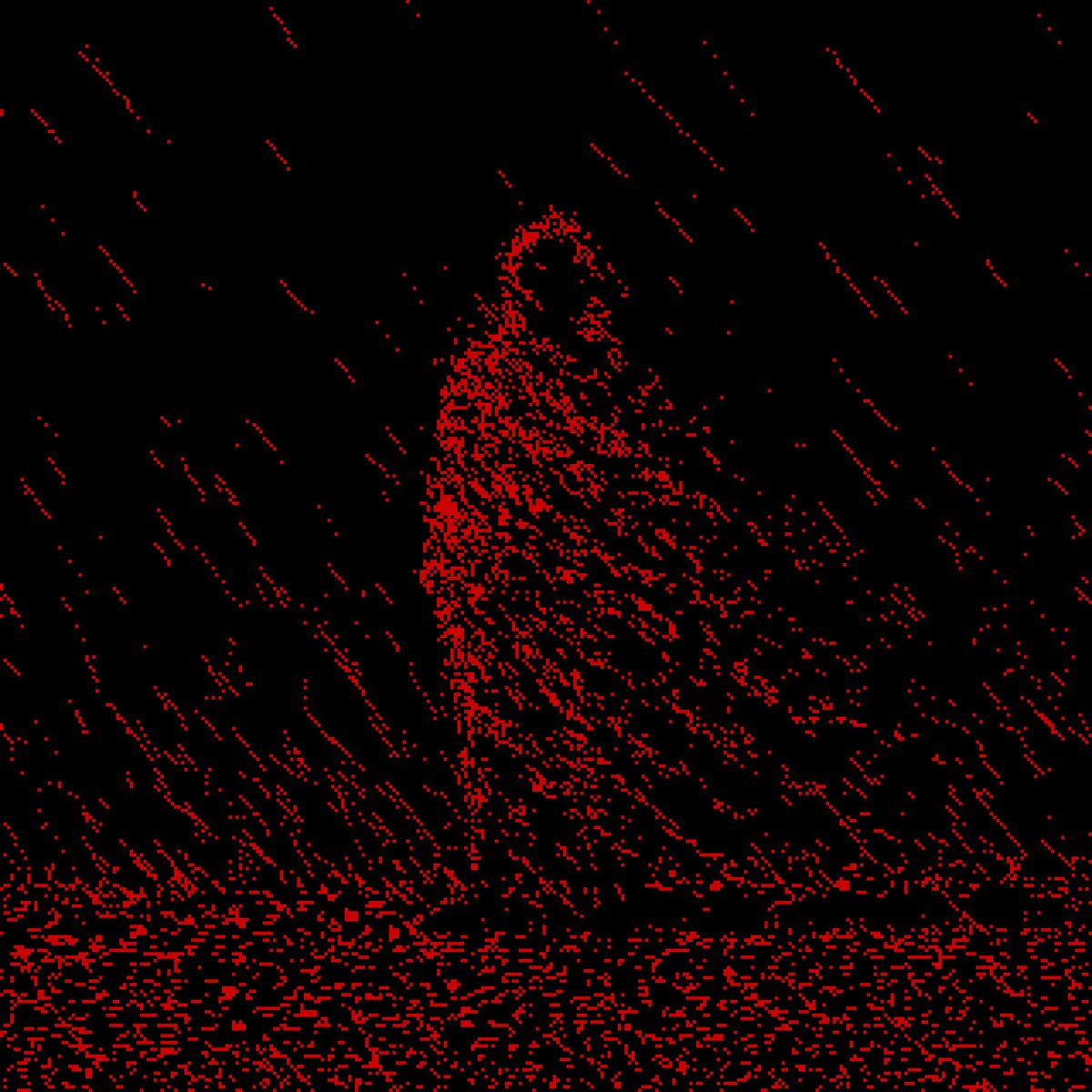 The image features a person standing alone in the rain, with their back facing the camera. They are wearing red clothing that stands out against the dark background of the rainy scene. The person appears to be walking or standing still, possibly enjoying the rain or seeking shelter from it. The image does not contain any text or other discernible objects, and there is no indication of a sale or promotional message in the caption provided.