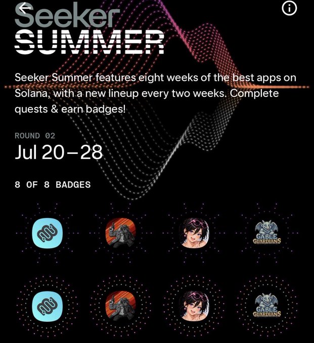 A promotional graphic for 'Seeker Summer' Round 02 (Jul 20-28) on Solana, showing 8 of 8 badges completed and app icons for a link/paperclip app, a mech robot, an anime character, and 'Gable Guardians'.