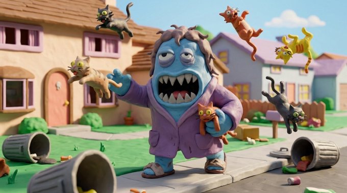 A 3D animated claymation-style illustration of a blue monster in a purple robe surrounded by multiple floating cats in a suburban neighborhood setting.