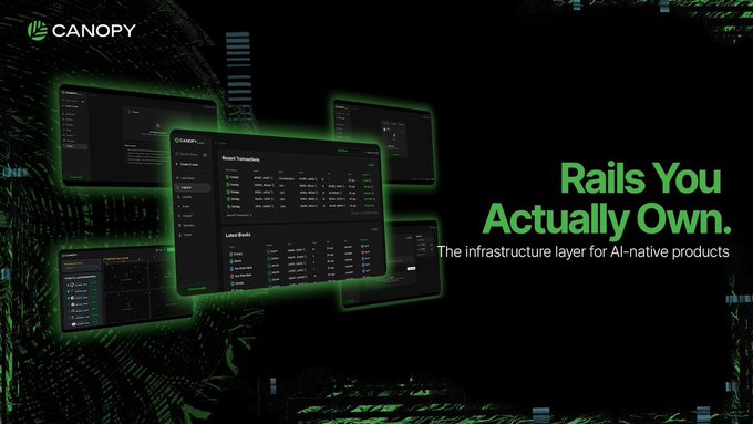 A promotional banner for 'CANOPY' displaying green dashboards and interfaces with the tagline 'Rails You Actually Own. The infrastructure layer for AI-native products'.