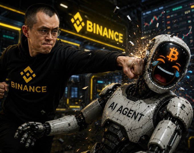 A man wearing a Binance hoodie throws a powerful punch at a battered robot labeled "AI AGENT" with a Bitcoin symbol on its face, cracking its head amid sparks and debris in a trading floor setting. The image visually reinforces CZ's quote by depicting the AI agent as fragile and outmatched, while Bitcoin endures as the resilient defender against inflation.